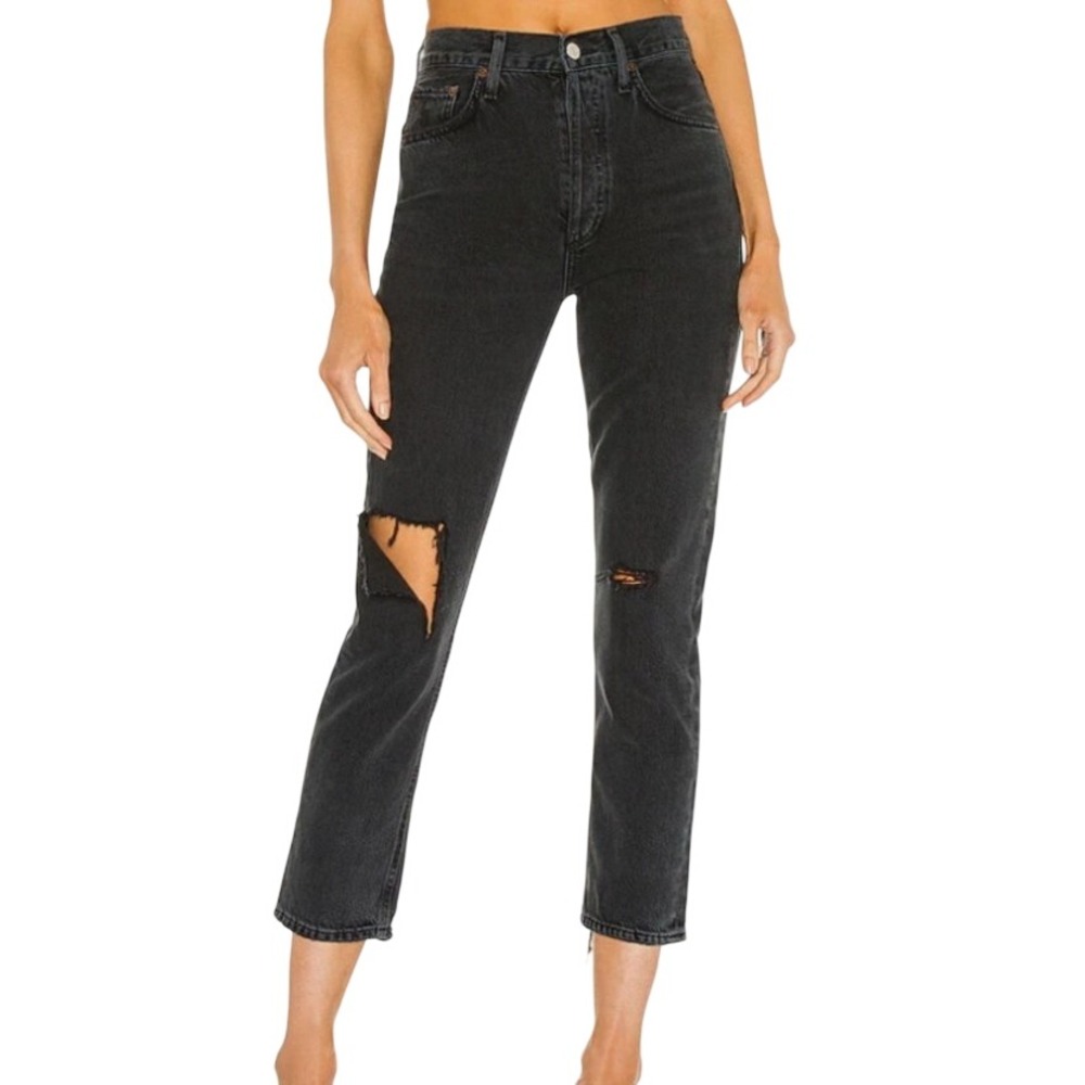 AGOLDE Womens 29 Riley Buttonfly High Rise Straight Crop Jeans in Black